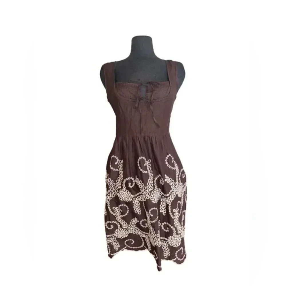 Tocca Brown Embroidered Midi Dress Tie Front | 4